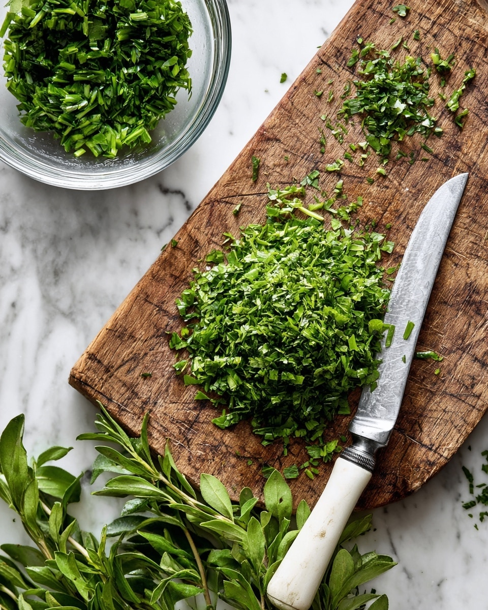The image shows a wooden cutting board with a pile of finely chopped green herbs in the center and some fresh whole green herbs at the bottom. A silver knife with a white handle lies diagonally on the board, its blade partially covered with chopped herbs. Above the chopped herbs, there is a clear glass bowl containing more finely chopped green herbs. The background is a white marbled surface. photo taken with an iphone --ar 4:5 --v 7
