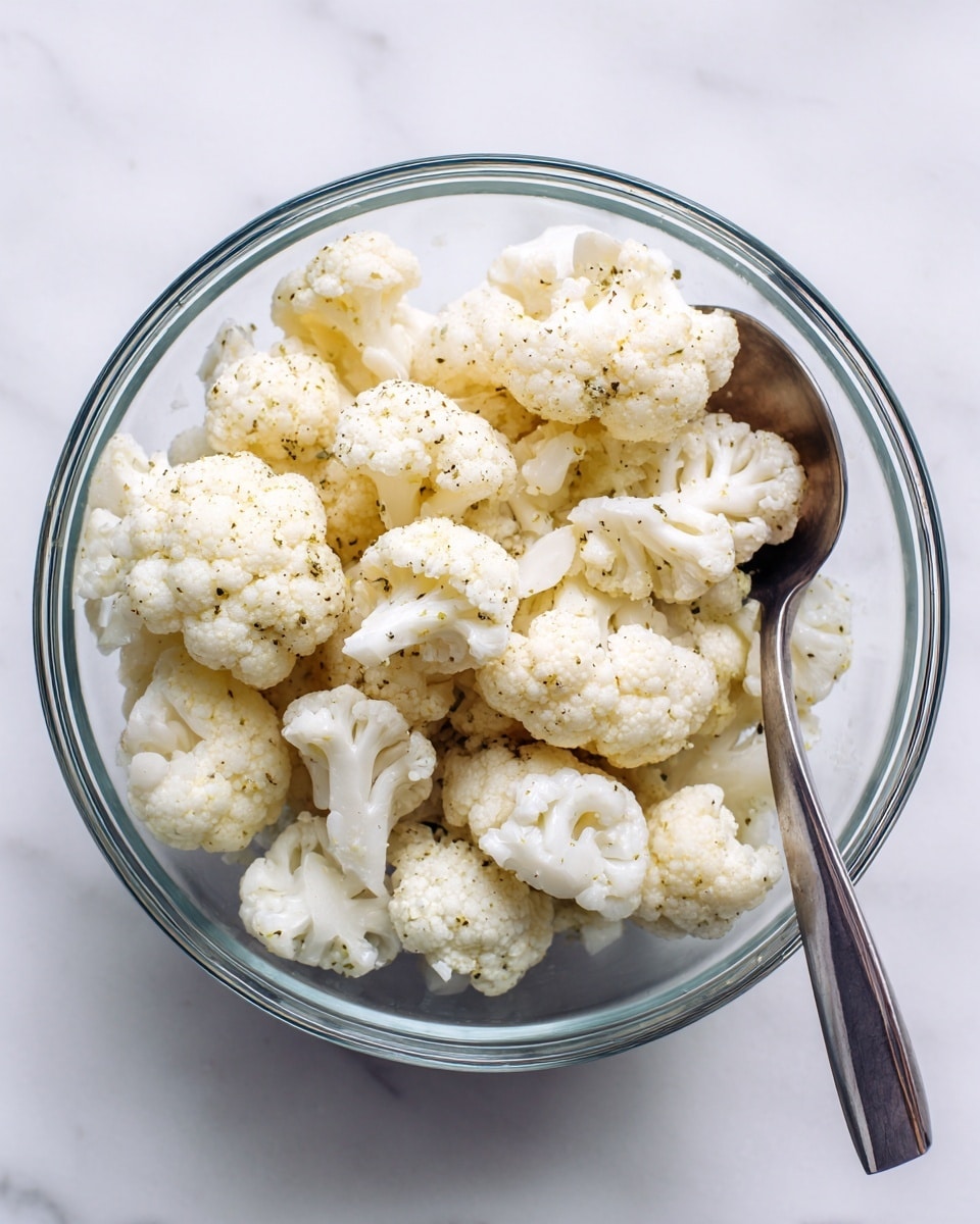 A clear glass bowl filled with two layers of light off-white cauliflower florets, each floret showing a rough texture and slightly yellowish seasoning dust spread evenly on top. The florets are arranged loosely, giving a natural, uneven pattern within the bowl. Inside the bowl, a shiny silver spoon with a flat handle rests on the right side, partially buried among the cauliflower. The bowl is placed on a white marbled surface, creating a clean and bright setting. photo taken with an iphone --ar 4:5 --v 7