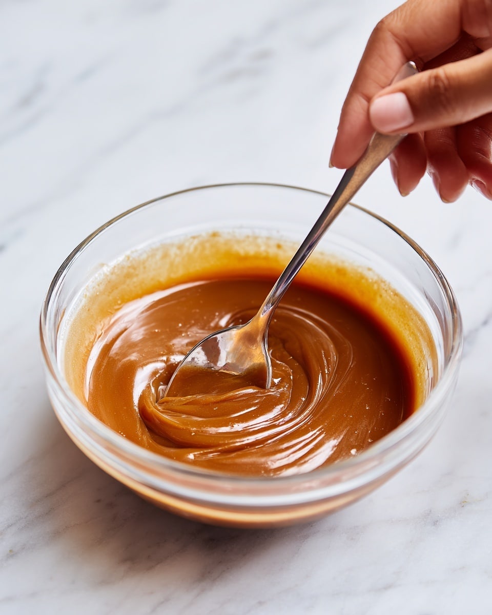 A clear glass bowl sits on a white marbled surface, filled with a smooth, shiny layer of rich, amber-brown caramel sauce that has a slightly thick texture. A silver spoon is dipped into the caramel, creating a swirl pattern and showing the sauce’s glossy, soft flow. A woman's hand holds the spoon, emphasizing the motion of stirring or serving the caramel inside the bowl. photo taken with an iphone --ar 4:5 --v 7
