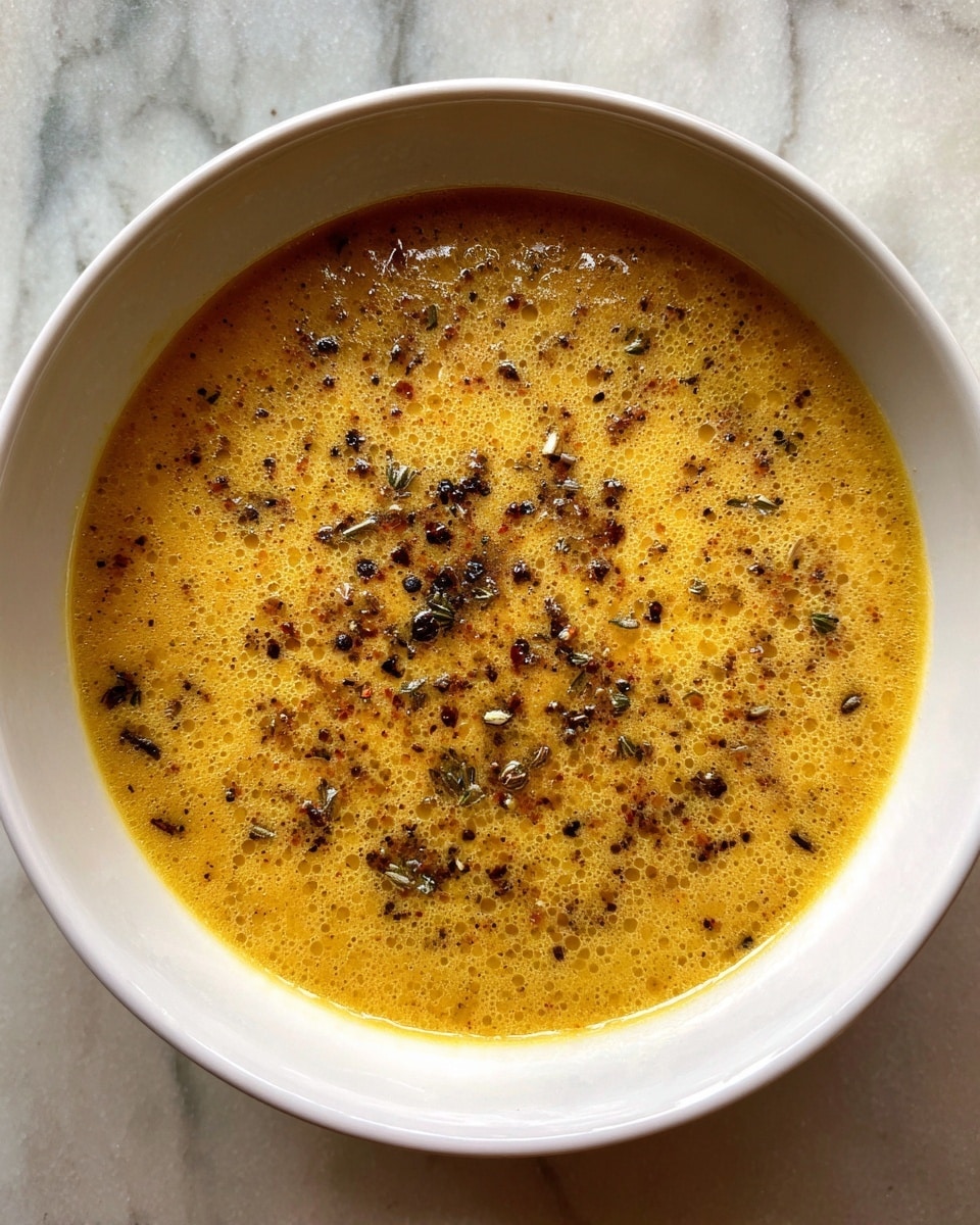 A white bowl filled with a smooth, golden-yellow soup that has a slightly oily surface, sprinkled evenly with small pieces of black pepper and some tiny herbs. The soup looks warm and light, and the bowl is placed on a white marbled surface. Photo taken with an iphone --ar 4:5 --v 7