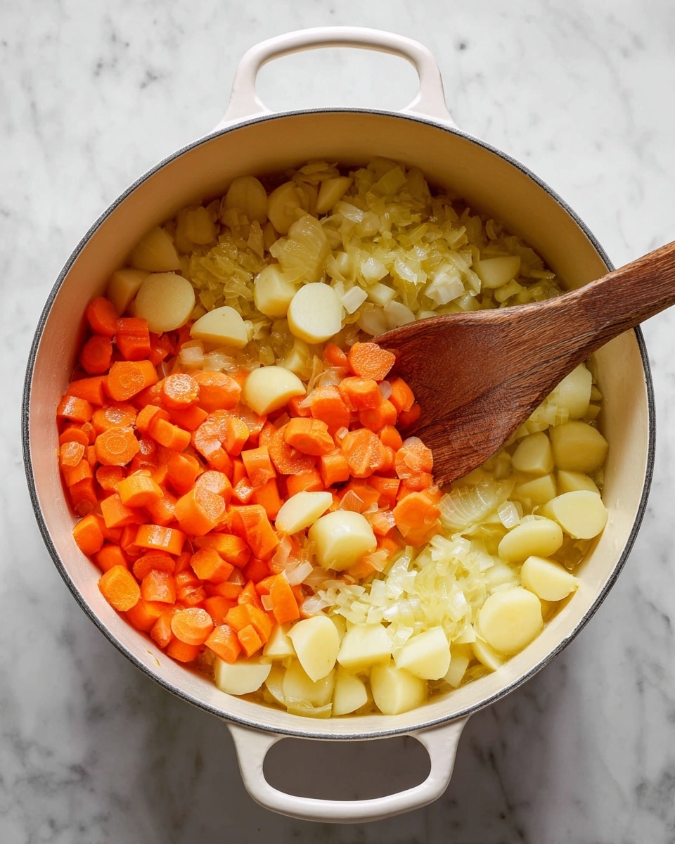 A white pot with two handles filled with three layers of diced vegetables: the bottom layer is translucent light yellow onions, the middle layer is bright orange carrots, and the top layer is pale yellow potatoes. A wooden spoon with a smooth texture is resting inside the pot, partly scooping some potatoes in the center. The pot is placed on a white marbled surface. Photo taken with an iphone --ar 4:5 --v 7