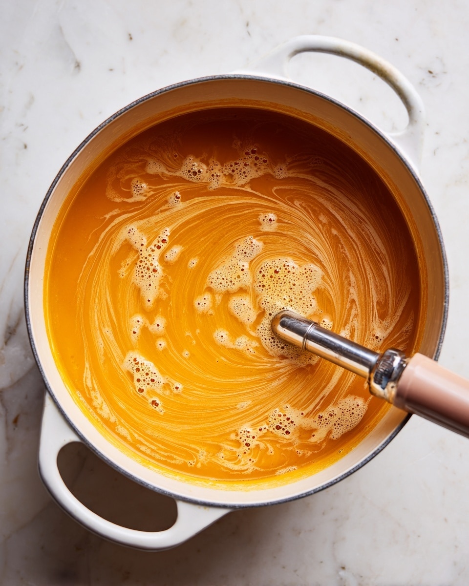 A large white pot with two handles sits on a white marbled surface, filled with a thick, smooth orange soup that has small bubbles and a slightly foamy texture on top. A metal immersed blender with a pinkish handle is partially inside the pot, blending the soup, creating swirling patterns and a gradient of deeper orange near the edges to a lighter orange in the center. Photo taken with an iphone --ar 4:5 --v 7
