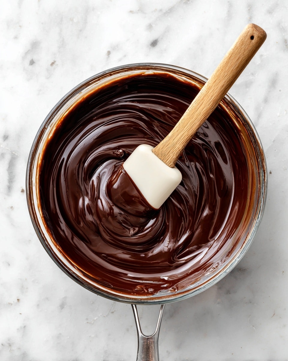 A clear glass saucepan filled with smooth, shiny dark brown chocolate sauce being stirred with a white and wood spatula in the center, showing gentle swirls and thick texture, all placed on a white marbled surface. photo taken with an iphone --ar 4:5 --v 7