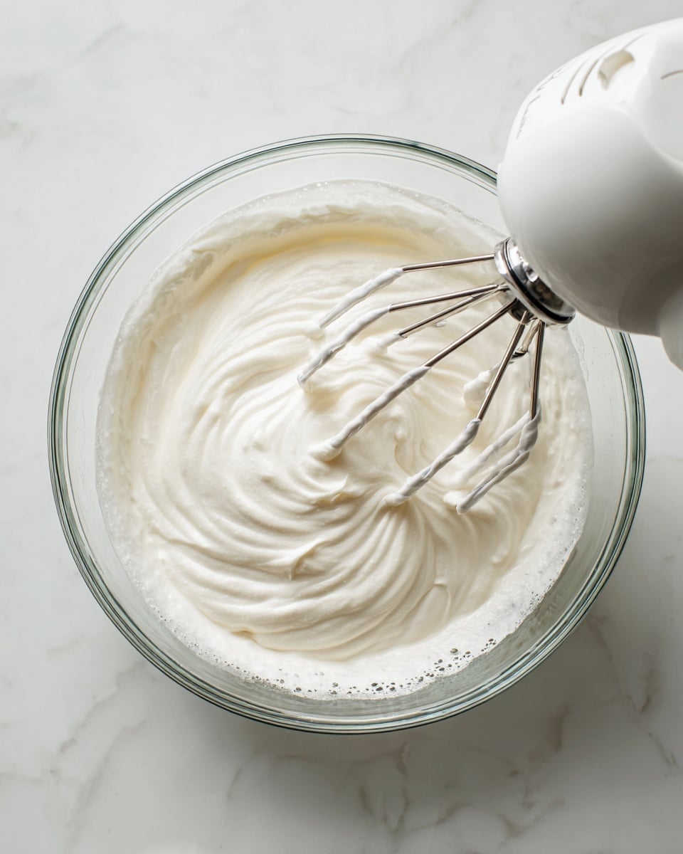 A clear glass bowl is filled with thick white cream that has a smooth and fluffy texture, with visible wavy patterns made by a whisk. A white electric hand mixer with metal beaters is partially inside the bowl, blending the cream. The bowl sits on a white marbled surface with soft, natural light highlighting the creamy texture and the small bubbles around the edges. photo taken with an iphone --ar 4:5 --v 7