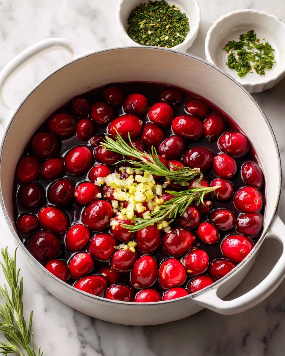 A white enamel pot filled with bright red whole cranberries, floating in a dark liquid. On top of the cranberries, there are small green rosemary pieces and finely chopped light yellow garlic pieces, all evenly spread near the center. The pot sits on a white marbled surface, with small white bowls containing more chopped herbs nearby. Photo taken with an iphone --ar 4:5 --v 7