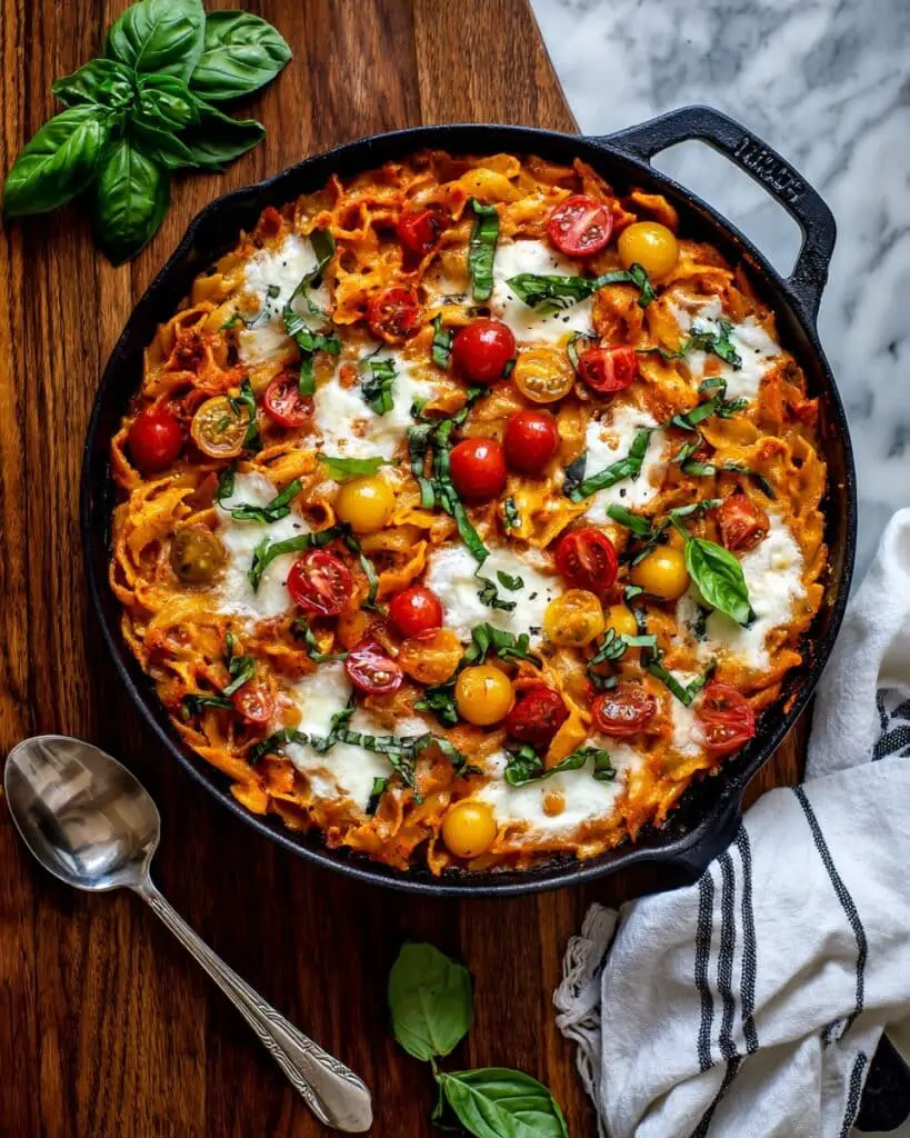 One Pot 30 Minute Creamy Tomato Basil Pasta Bake Recipe