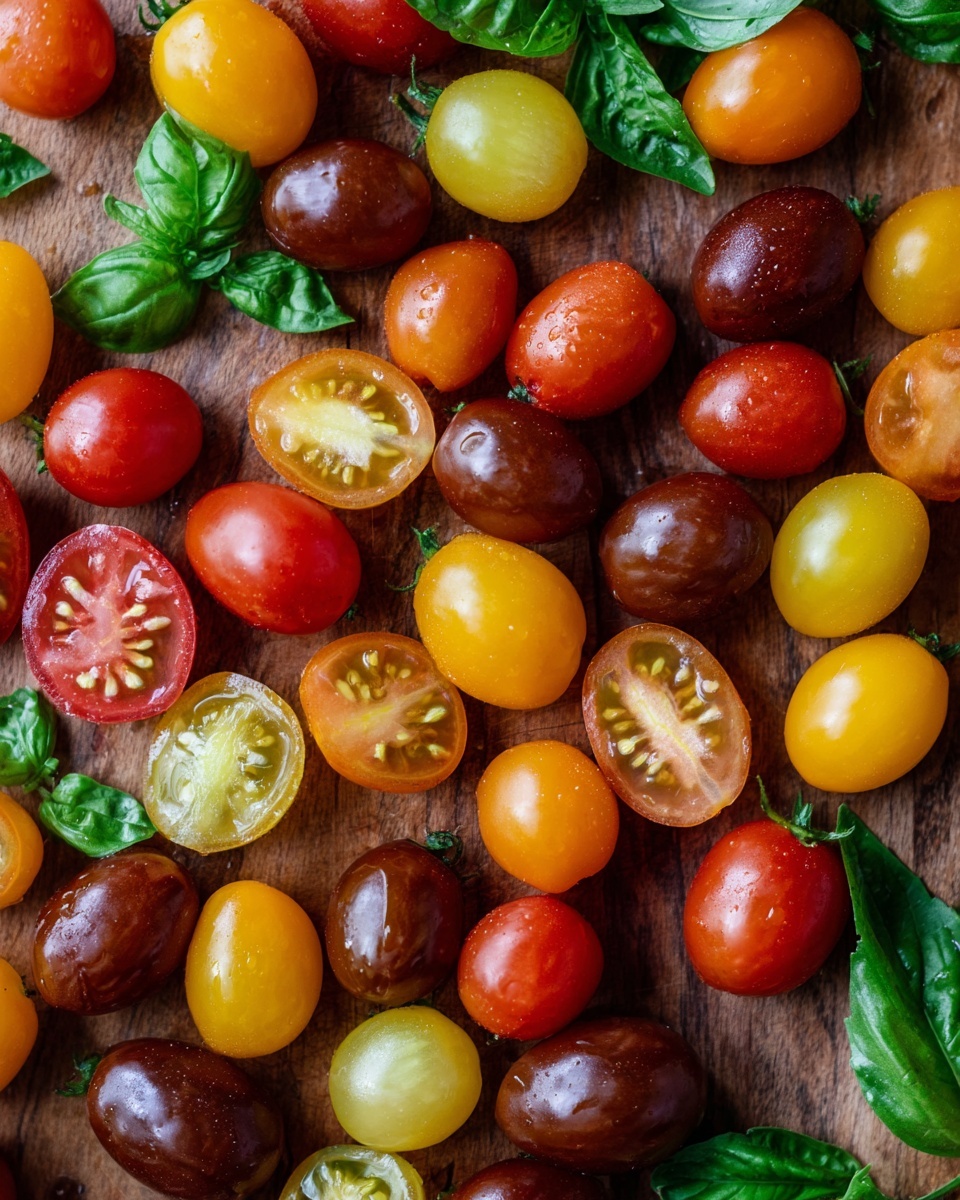 A close-up top view of a mix of small cherry tomatoes, some whole and some sliced in half, scattered loosely over a wooden surface. The tomatoes vary in colors including yellow, bright red, and deep reddish-brown, with a glossy, smooth texture showing the juicy interiors in the sliced pieces. Around them are fresh green basil leaves adding a hint of vibrant green color and a leafy texture to the composition. The setup is simple and natural, highlighting the fresh ingredients without any additional elements. Photo taken with an iphone --ar 4:5 --v 7