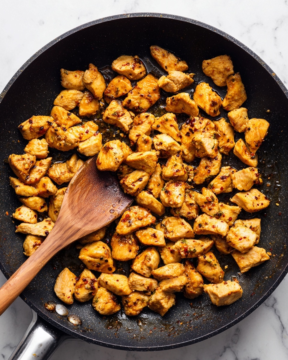 The image shows many small, browned chicken pieces cooking in a black frying pan with some oil and spices visible on the pieces and pan surface. A wooden spoon is placed inside the pan, resting on the chicken pieces, mixing them. The background is a white marbled texture with some light marks and scratches near the pan edges. The chicken pieces have a warm, golden-brown color with slightly darker spots where they are seared, giving them a textured and cooked look. Photo taken with an iphone --ar 4:5 --v 7