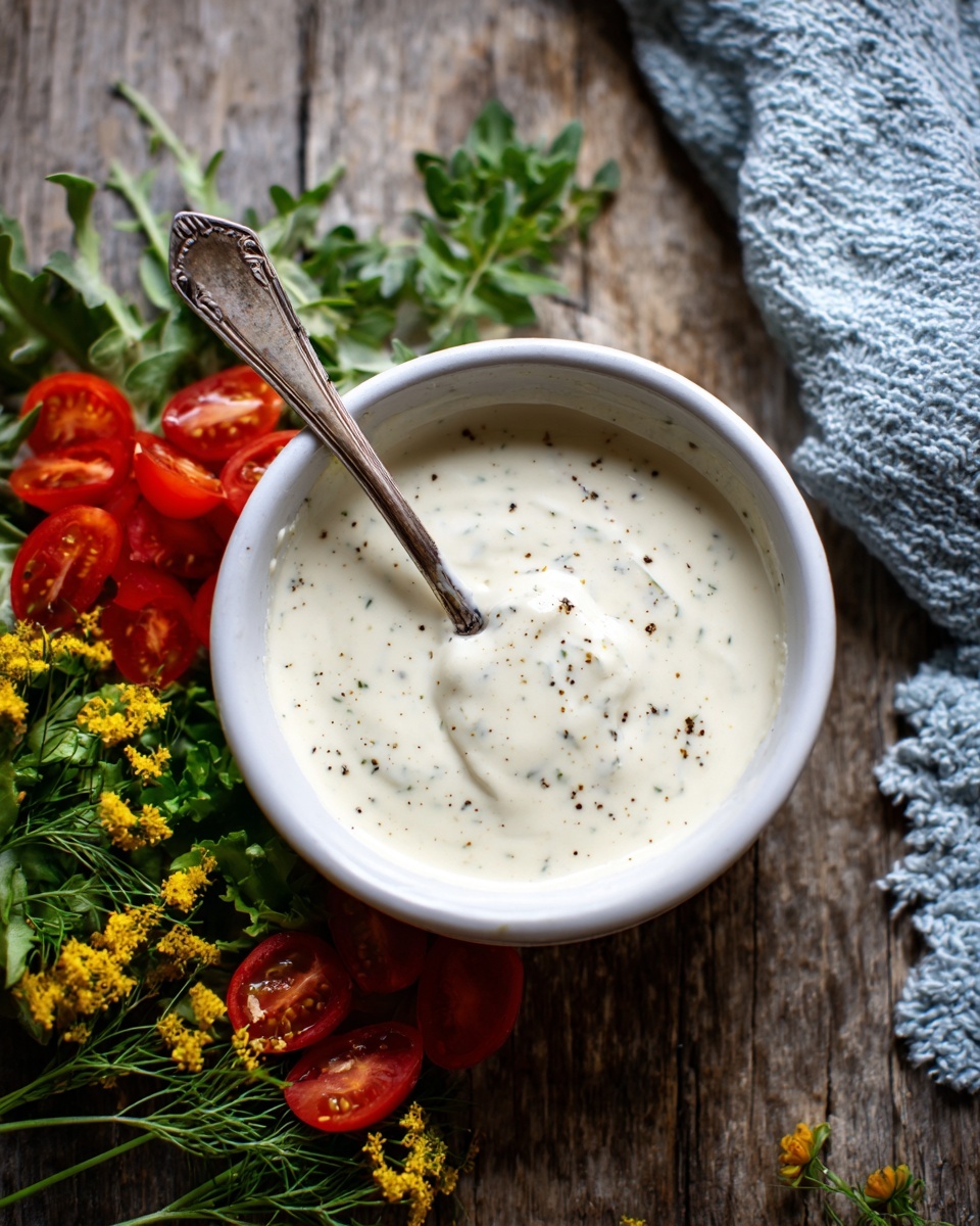 A small white bowl filled with creamy white sauce with small black pepper specks sits on a rustic wooden surface. A silver spoon with a worn handle rests inside the bowl, partially covered with sauce. Below the bowl, part of a plate shows fresh, vibrant green dill and sliced red cherry tomatoes with visible seeds and juicy texture. Some green leafy herbs and small yellow flowers lie scattered on the wooden surface near the bowl. A knitted light blue cloth is partially visible on the right side. photo taken with an iphone --ar 4:5 --v 7