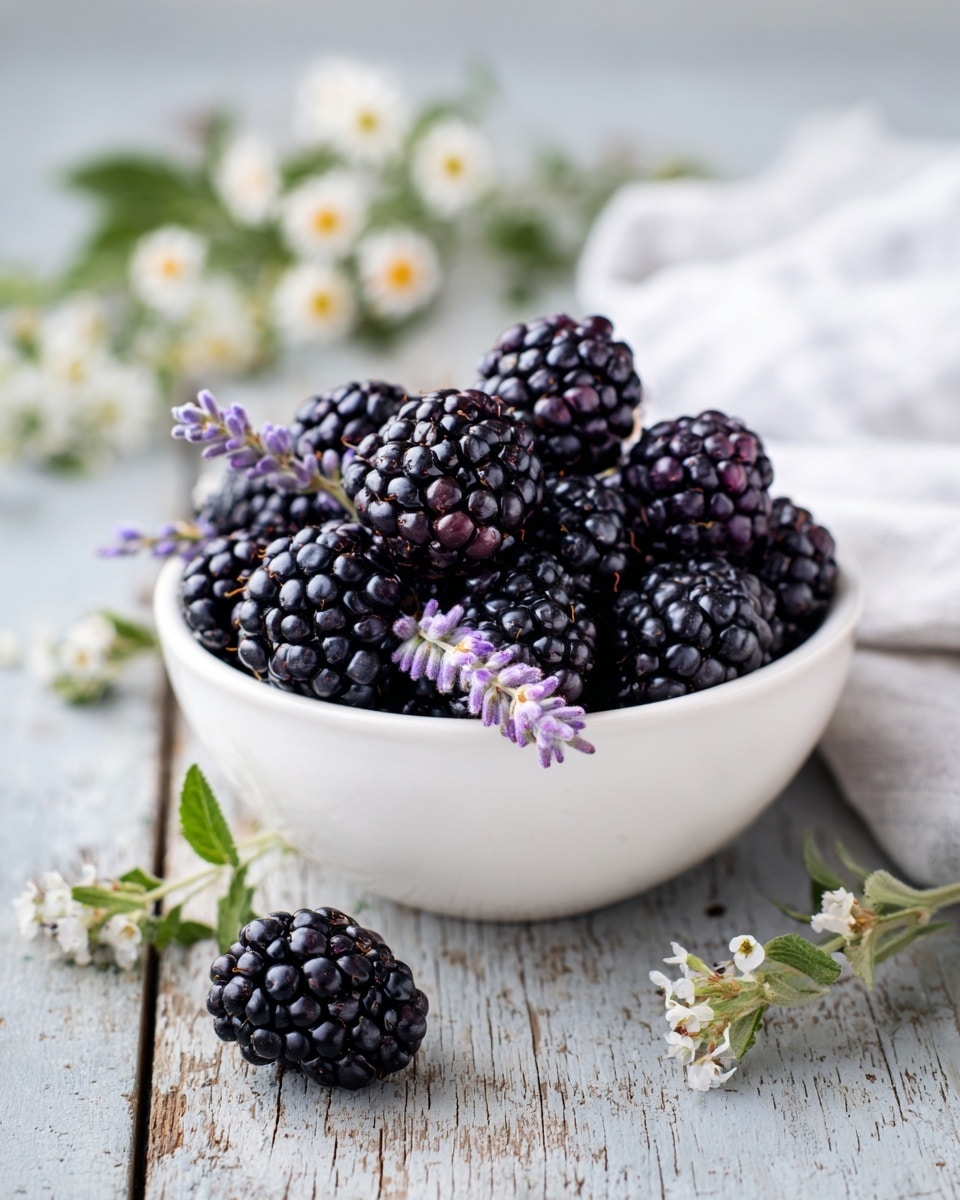 A white bowl filled with dark purple blackberries, some placed on top of each other, with sprigs of light purple lavender flowers mixed in among the berries. One large blackberry rests outside the bowl on a rustic wooden surface, which is surrounded by small white flowers with green leaves. The background is a soft, light grey with subtle shadows. photo taken with an iphone --ar 4:5 --v 7