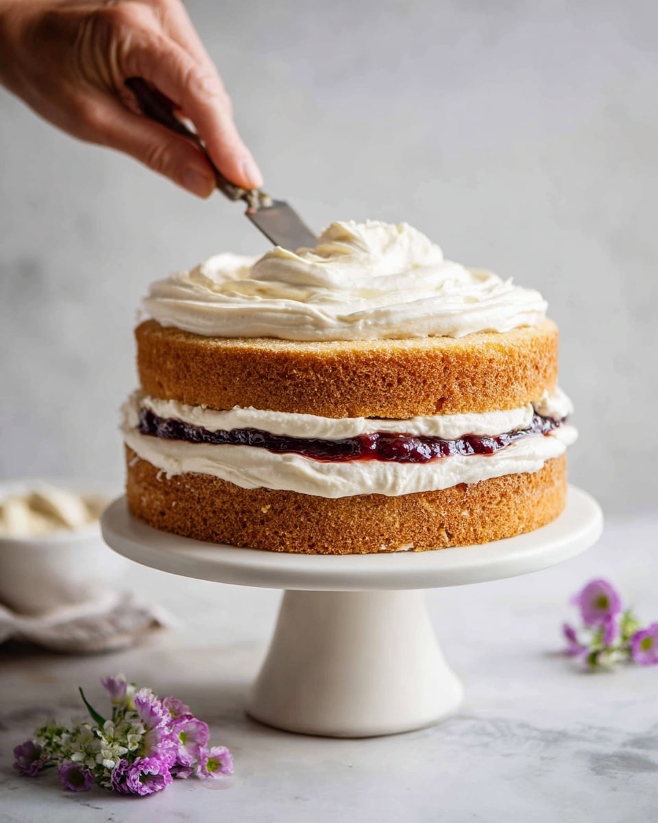 A three-layer round cake with light golden brown sponge layers, each separated by thick white cream and thin dark berry jam layers in between. On top, a thick swirl of white cream is being spread by a knife held in a woman's hand from the right side. The cake stands on a tall, white ceramic cake stand, placed on a white marbled surface with some small purple flowers next to it. The background is simple and light, highlighting the cake. photo taken with an iphone --ar 4:5 --v 7
