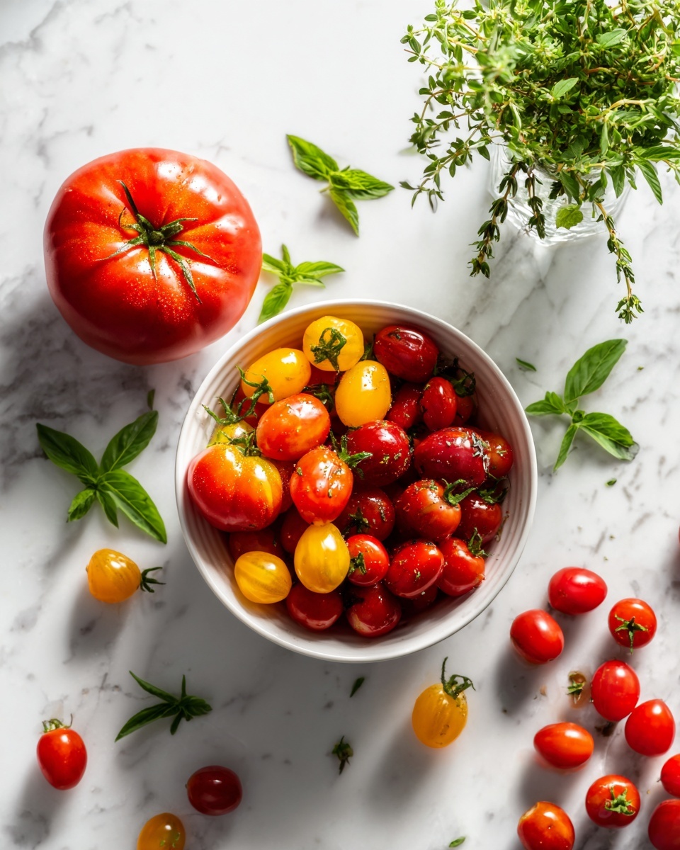 A white bowl filled with a mix of large, irregular red and yellow heirloom tomatoes layered at the bottom and small round bright red cherry tomatoes piled on top, some spilling out onto a white marbled surface around the bowl. Near the bowl, a large red tomato rests directly on the surface surrounded by scattered cherry tomatoes, with fresh green basil leaves spread among them. To the right, a clear glass holds fresh green herb sprigs standing upright, all set on the white marbled texture. Photo taken with an iphone --ar 4:5 --v 7