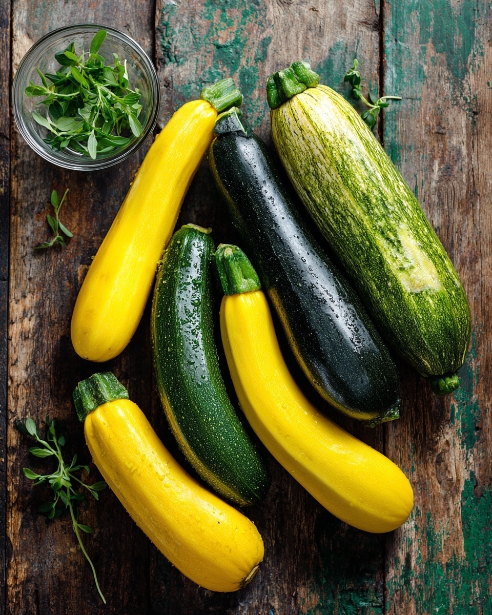 The image shows five whole zucchinis placed closely on a rustic wooden surface with a small glass cup holding green herb leaves on the left side. There are three yellow zucchinis with green tips, one yellow curved zucchini, and one dark green zucchini. The zucchinis have smooth shiny textures with natural marks and spots, and the wooden surface appears weathered with green and brown tones. photo taken with an iphone --ar 4:5 --v 7