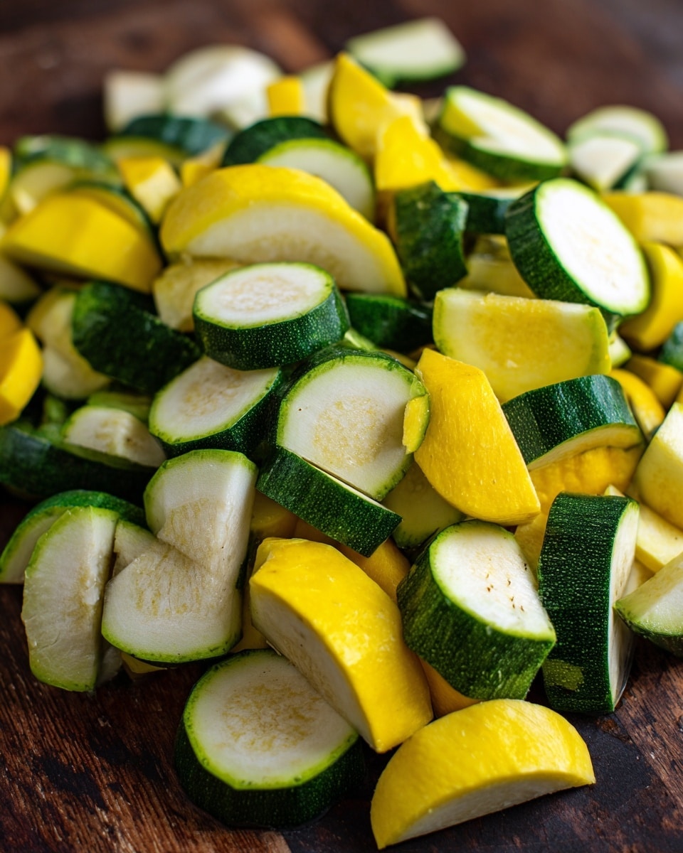 The image shows many pieces of fresh zucchini and yellow squash cut into small slices and half-moon shapes, layered closely together on a dark wooden surface. The zucchini pieces have a dark green smooth skin with a pale green inside, while the yellow squash pieces have a bright yellow skin with a light, almost white inside. The shapes are a mix of thick rounds and wedges, scattered in a natural, slightly uneven pile. The texture of the squash is firm with visible seeds in some slices, giving a fresh and crunchy look. Photo taken with an iphone --ar 4:5 --v 7