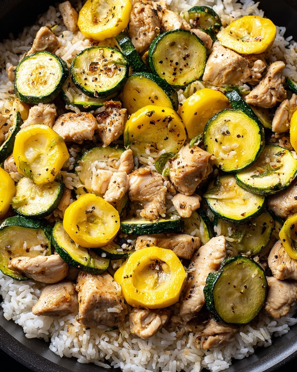 The image shows a close-up of a cooked dish in a black pan filled with three main layers. The bottom layer is a mix of white rice grains that are scattered unevenly throughout. Above this, there are pieces of light brown cooked chicken chunks spread all around the pan. The top layer features sliced yellow squash and green zucchini, each having a slight golden brown sear on their edges, giving a cooked texture. The dish has a warm and slightly oily appearance with small black pepper specks visible on the ingredients. Photo taken with an iphone --ar 4:5 --v 7