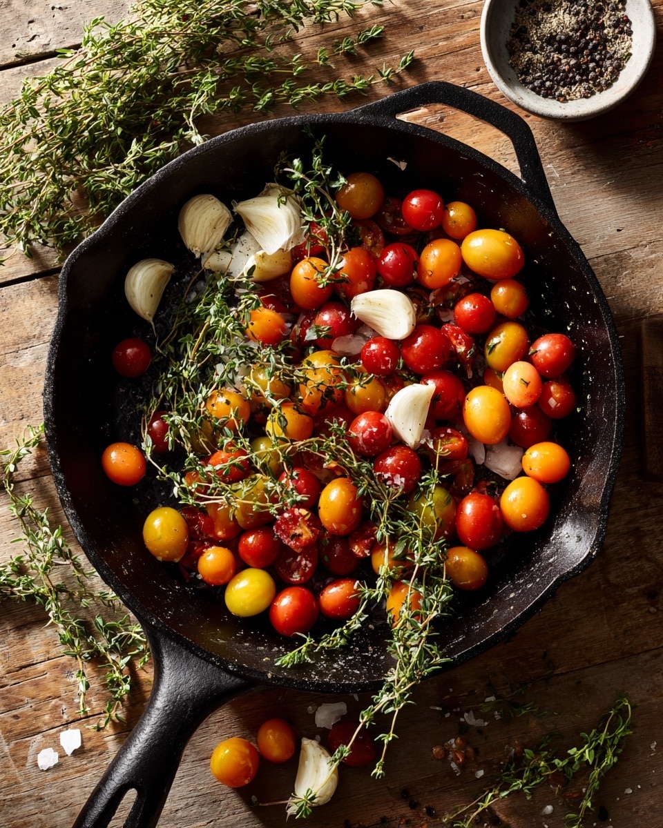 A black pan filled with a mix of small round and oval cherry tomatoes in colors of red, orange, and yellow forming the base layer, scattered with white garlic cloves and garlic skins placed mainly towards the left side of the pan, and fresh green thyme sprigs spread across the top adding a touch of greenery, all set on a wooden surface with a small bowl of cracked black pepper visible in the top right corner. photo taken with an iphone --ar 4:5 --v 7