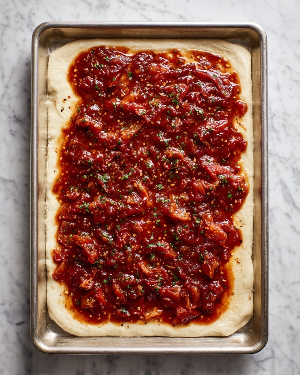A rectangular metal baking tray is filled with two clear layers: the bottom layer is a smooth, pale dough spread evenly across the tray with slightly raised edges, while the top layer consists of a chunky, glossy tomato sauce with visible pieces of cooked tomatoes and herbs, covering most of the dough but allowing some white dough edges to show; the sauce has a rich reddish-brown color with hints of orange and pepper specks scattered throughout. The tray is placed on a white marbled surface. Photo taken with an iphone --ar 4:5 --v 7