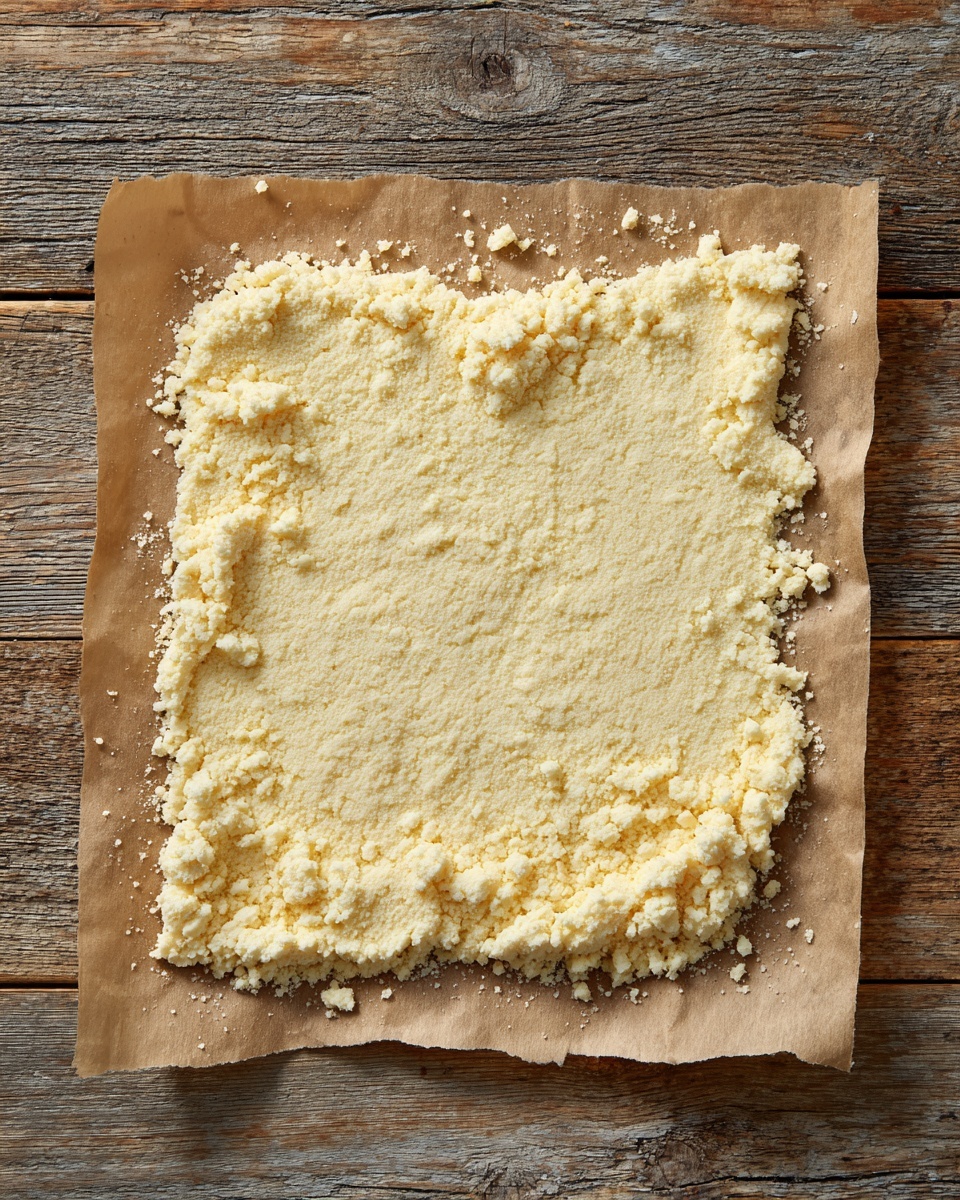 The image shows a thick, square layer of crumbly, pale yellow dough spread evenly on a piece of parchment paper. The dough has a rough texture with small crumbs visible throughout, and its edges are slightly uneven with a soft, rounded corner shape. The parchment paper sits on a rustic wooden surface with uneven grain and color variations, but for the prompt imagine it on a white marbled texture. Photo taken with an iphone --ar 4:5 --v 7