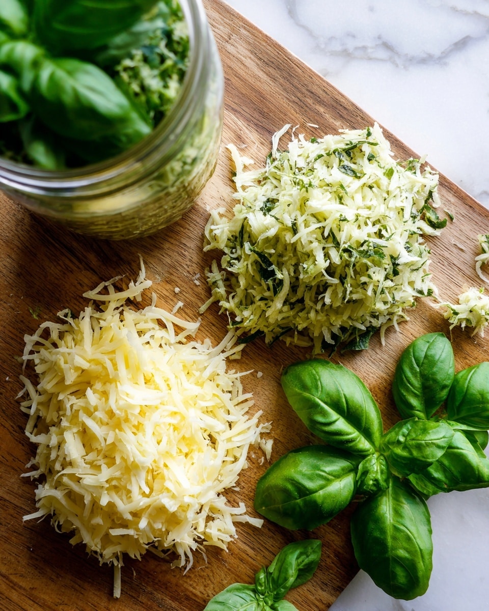 The image shows a wooden surface covered with two piles of shredded vegetables, one pile of pale yellow and the other pile of light green, which are mixed and fluffy in texture. On the right side and near the center, there are fresh green basil leaves with smooth shapes and some slightly darker leaves below them. Above the piles, there is also a jar partially visible with more basil leaves coming out of it. The background is replaced with a white marbled texture. photo taken with an iphone --ar 4:5 --v 7