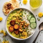 Summer Coconut Chickpea Curry with Rice and Fried Halloumi Recipe