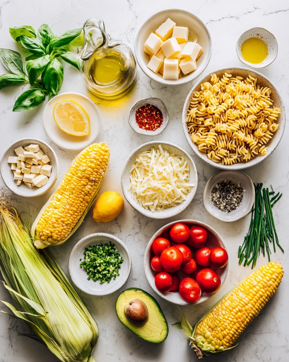 A close-up view of a large black pan filled with fusilli pasta mixed with small yellow corn kernels and sprinkled with thin green herb slices. The pasta is light cream in color with a shiny texture, and the corn adds bright yellow dots, while the herbs provide fresh green flecks throughout. A wooden spoon is partially visible on the right side, gently stirring the mixture. The pan sits on a white marbled surface. Photo taken with an iphone --ar 4:5 --v 7