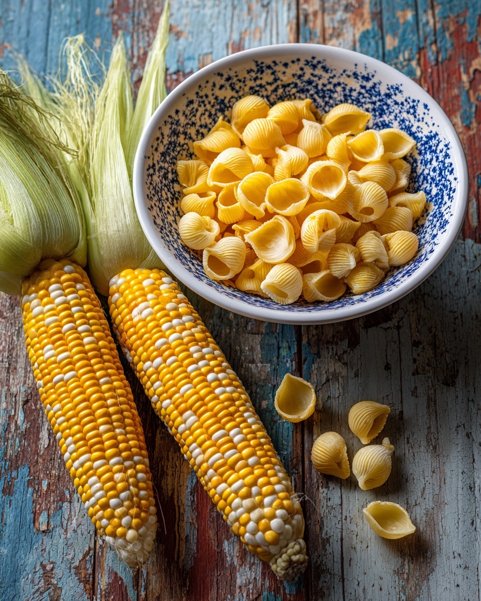 The image shows two ears of corn with their husks partially pulled back, revealing bright yellow and white kernels arranged in neat rows. To the right, there is a white bowl with blue speckles filled with small, yellow shell-shaped pasta. The items are placed on a wooden surface with faded blue and brown colors, but for MidJourney, this should be changed to a white marbled texture. photo taken with an iphone --ar 4:5 --v 7