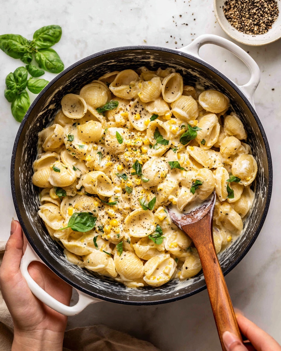 A white bowl filled with pasta shells coated in creamy white sauce, mixed with small yellow corn pieces and green herb leaves scattered on top. Black pepper specks are sprinkled over the dish for texture contrast. A silver fork stands inside the bowl, slightly angled to the right. The bowl is placed on a white marbled surface with a few green herb leaves and a small white dish containing black pepper in the background. photo taken with an iphone --ar 4:5 --v 7