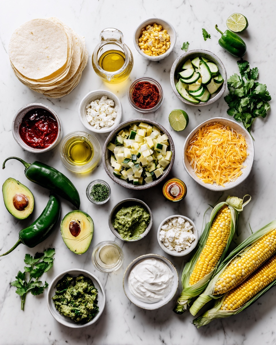 A baking tray is filled with fresh vegetables arranged neatly in layers. At the bottom left, three bright yellow and white corn ears lay side by side, their kernels plump and shiny. Above the corn, three large green poblano peppers, sliced open to show their bright green inside, are placed alongside several lime wedges and fresh green basil leaves. On the upper right, there are large white onion quarters and garlic cloves scattered around. In the right middle and bottom areas, round slices of green zucchini and yellow squash are spread out, some with visible black pepper seasoning. The tray sits on a white marbled surface. photo taken with an iphone --ar 4:5 --v 7