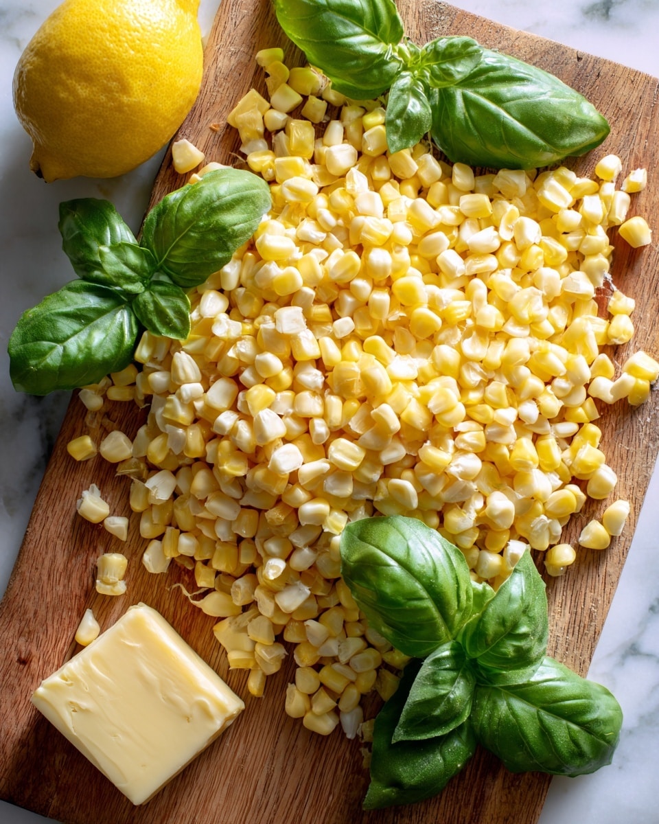 The image shows a pile of light yellow and white corn kernels cut from the cob scattered on a wooden surface, with a few fresh bright green basil leaves and stems placed on top and around the corn. A yellow lemon cut in half is visible in the upper left corner, adding a bright accent. At the bottom left corner, a square piece of pale yellow butter is placed near the corn. The wooden surface is replaced by a white marbled texture, making the colors of the corn, basil, lemon, and butter stand out clearly. Photo taken with an iphone --ar 4:5 --v 7