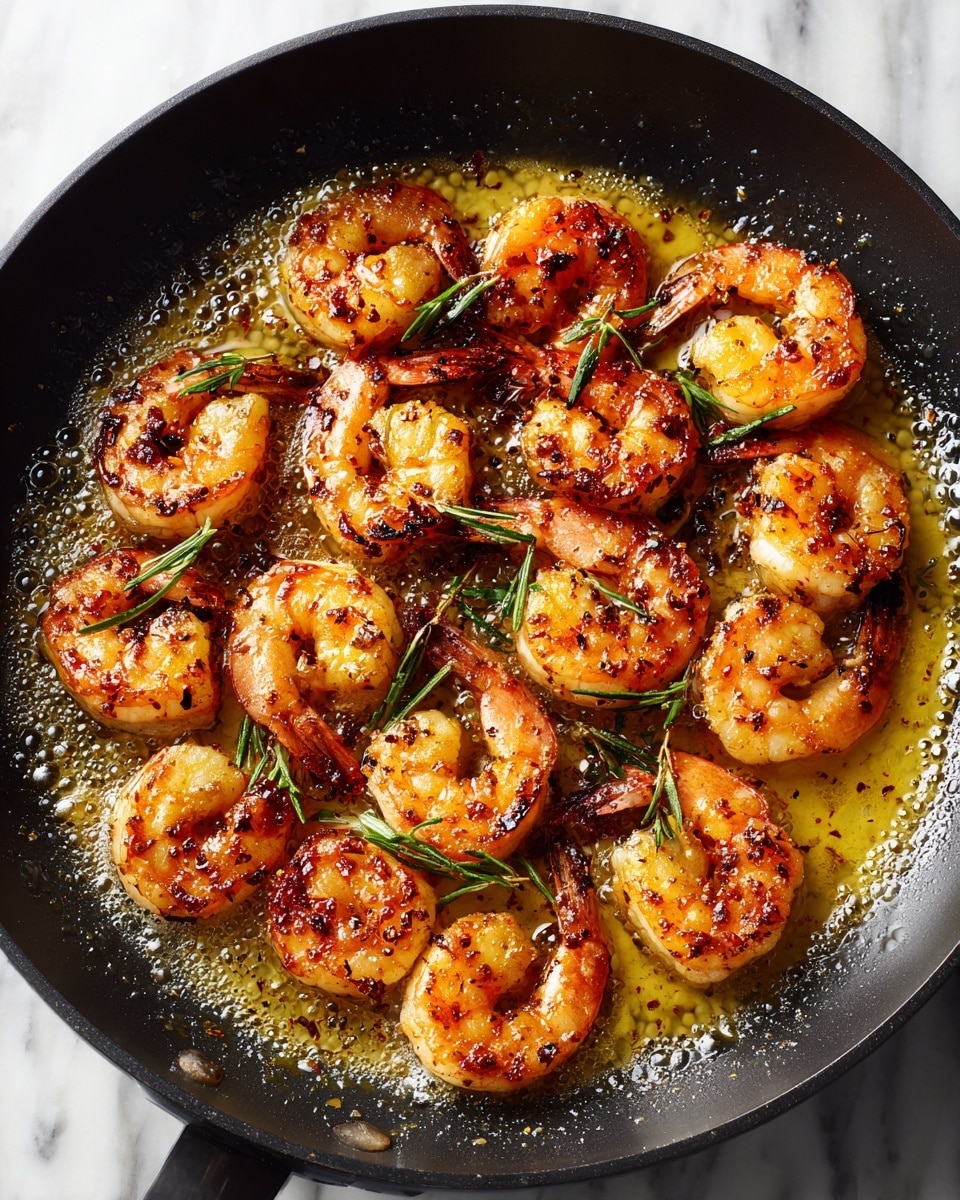 A black pan filled with about fourteen cooked shrimp that have a golden brown color with slightly charred edges, sizzling in a rich, bubbly butter sauce with dark spice flecks. The shrimp are arranged mostly in the center and spread out in a loose oval shape. Fresh green thyme sprigs are scattered on top, adding texture and color contrast. The bubbling butter sauce shows a warm yellow glow with darker spots from spices. The pan is set on a white marbled surface. photo taken with an iphone --ar 4:5 --v 7