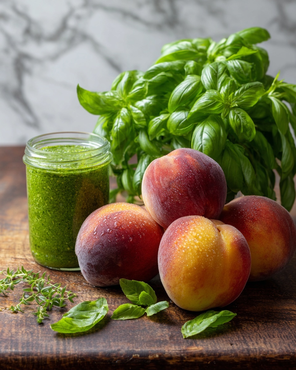 The image shows a flat arrangement of four peaches with soft, fuzzy skin in shades of reddish purple and warm yellow placed on a dark wooden surface. Small drops of water glisten on the peaches, adding freshness. To the upper left side, there is a small glass jar filled with bright green, textured sauce or pesto. On the right side, a bunch of fresh green basil leaves with smooth, shiny surfaces forms a lush cluster. Small sprigs of herbs or basil leaves are scattered lightly around, enhancing the natural, fresh look. The background is changed to a white marbled texture. photo taken with an iphone --ar 4:5 --v 7