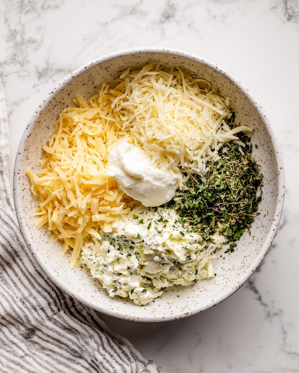 The image shows a white bowl with speckled details containing four separate layers of ingredients on a white marbled surface. The first layer on the left side is finely grated pale yellow cheese, next to it on the top right are thin white shredded cheese strands, below them fresh dark green chopped herbs, and in the middle a dollop of smooth white cream or ricotta cheese. The second image shows the same bowl with all ingredients mixed into a creamy textured green and white mixture spread evenly. The background is a white marbled surface with a white and gray striped cloth visible in the corner. Photo taken with an iphone --ar 4:5 --v 7