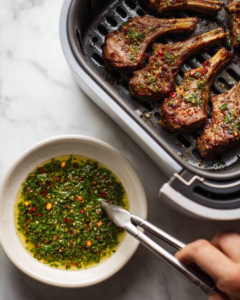 On the left, a white bowl filled with a green herb sauce that looks like chopped parsley mixed with oil and red pepper flakes, with a slightly oily surface reflecting light; on the right, an air fryer basket with five browned, grilled lamb chops showing a grilled texture, arranged side by side, and a woman's hand holding tongs gripping one chop, all set against a white marbled background photo taken with an iphone --ar 4:5 --v 7