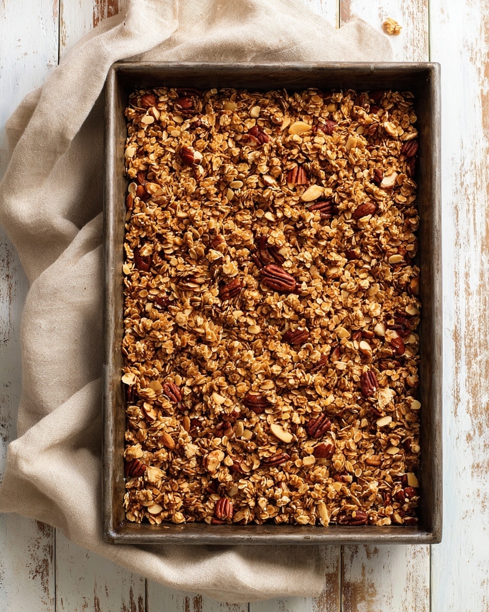 A large dark metal baking tray filled with one thick layer of golden brown granola that has a rough, crumbly texture and includes visible pieces of light tan sliced almonds and darker brown pecan nuts scattered throughout; the tray sits on a beige linen cloth, which lies on top of faded white and yellow painted wooden boards, all against a white marbled texture background photo taken with an iphone --ar 4:5 --v 7