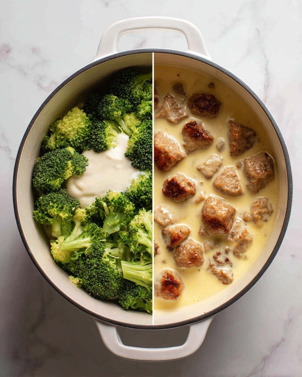 The image shows a spoon lifting a scoop of a cheesy dish from a white bowl. The top layer is melted, bright orange cheese that looks smooth and creamy. Beneath the cheese, there is a mix of pieces of chicken and bright green broccoli, both coated in a rich, cheesy sauce. The bowl rests on a white marbled surface, and small green herbs are sprinkled on top for a fresh touch. Photo taken with an iphone --ar 4:5 --v 7