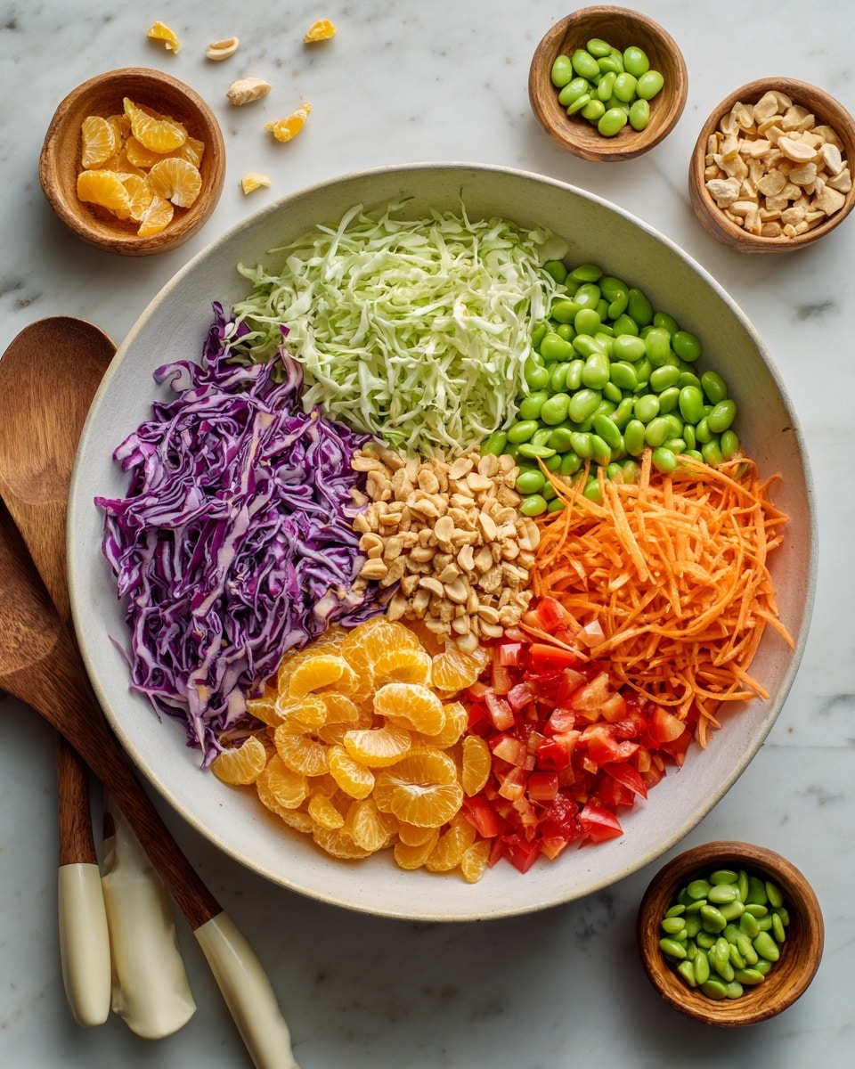 A large white bowl is filled with seven distinct layers arranged side by side: shredded green cabbage with light yellow hints on the bottom left, followed by thinly sliced purple cabbage with a creamy light brown dressing drizzled on it, bright orange shredded carrots next to it, a pile of green edamame beans above the carrots, chopped light brown nuts in the center, a small mound of bright orange mandarin slices beneath the nuts, and diced red bell peppers with small pieces of cooked light beige chicken on the bottom right. Two wooden spoons with cream-colored handles rest inside the bowl on the left and right sides. The bowl sits on a white marbled surface with small wooden bowls containing green edamame beans, orange mandarin slices, and chopped nuts around it. Photo taken with an iphone --ar 4:5 --v 7