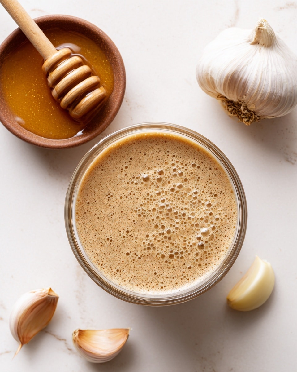 A clear container filled with a thick, frothy, light brown mixture with tiny and small bubbles on the surface sits at the center on a white marbled background. To the left is a small brown bowl containing golden honey with a honey dipper resting inside it, showing the wooden spiral dipped in honey. On the right side, there are three garlic cloves, one whole bulb and two peeled cloves arranged casually. The overall setting is bright and clean. photo taken with an iphone --ar 4:5 --v 7