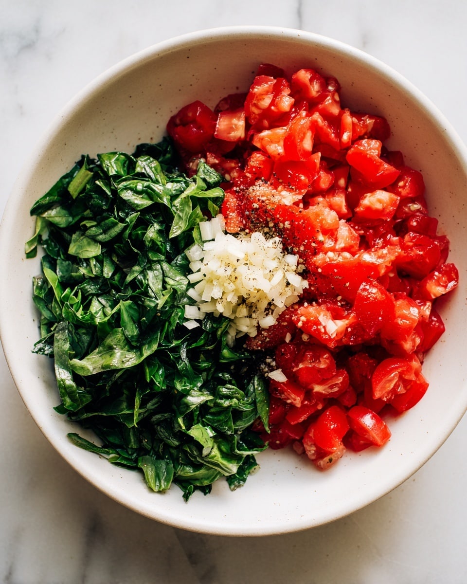 A white bowl on a white marbled surface holds three main layers of ingredients arranged next to each other. On the left side, there is a pile of torn green leafy basil. On the right side, there is a heap of small, bright red diced tomatoes. In the center, a small mound of finely minced white garlic sits atop the tomatoes, sprinkled with a bit of black pepper and white salt. The lighting is bright and natural, giving the ingredients a fresh and clean look. Photo taken with an iphone --ar 4:5 --v 7