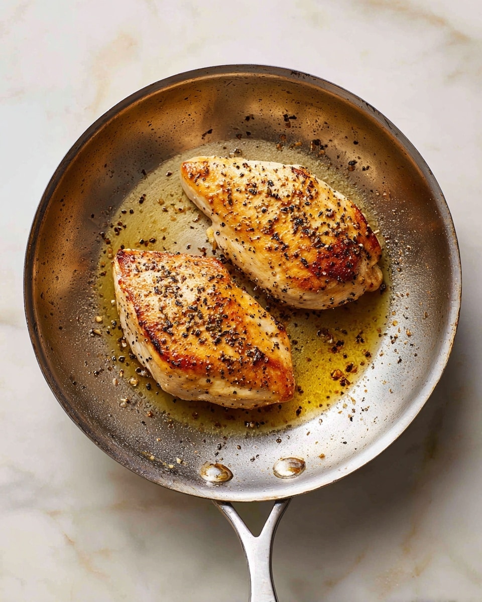 Two pieces of lightly browned chicken cook in a round silver pan. Each piece has a golden brown top with some black pepper sprinkled, while the sides remain white and tender. The pan shows some small brown oil spots around the chicken. This setup rests on a white marbled surface, with scratches faintly visible around the pan. The scene is simple and clean, focusing on the cooking chicken in the silver pan photo taken with an iphone --ar 4:5 --v 7