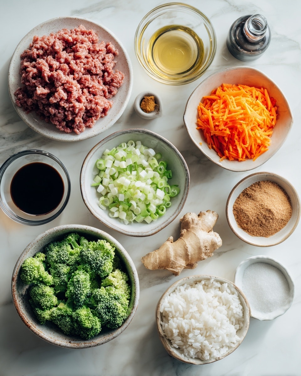 A close-up view of a black cast iron pan filled with a cooked ground meat stir-fry mixed with small broccoli florets and thin strips of orange carrot pieces, all coated in a brown sauce that pools slightly around the edges. A wooden spatula rests inside the pan, partially lifting some of the stir-fry to reveal the mixture’s texture and colors. The pan is placed on a white marbled surface. Photo taken with an iphone --ar 4:5 --v 7