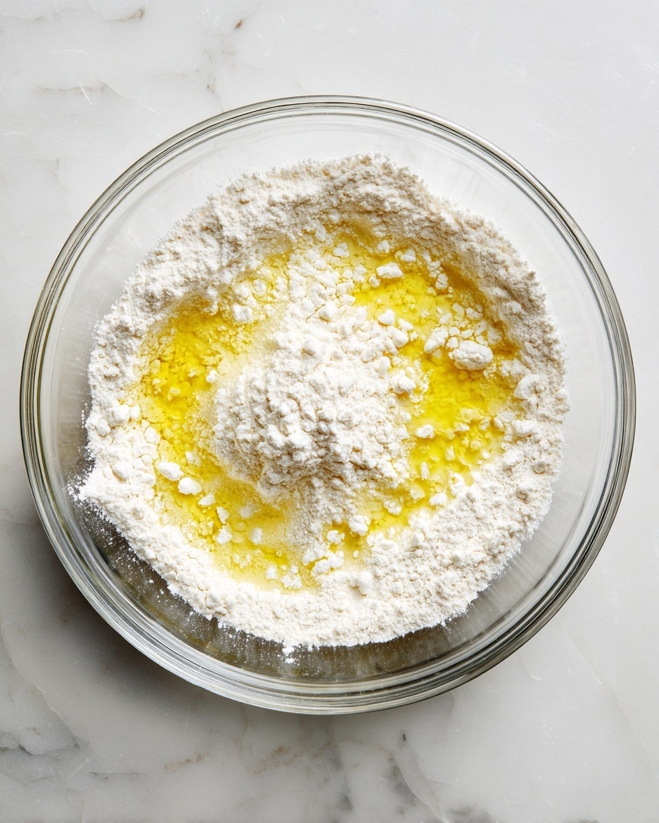A clear glass bowl sits in the middle of a white marbled surface, filled with two layers: the bottom layer is white flour with a powdery texture, and on top are small pools of melted yellow butter scattered unevenly across the flour. There is no other visible ingredient or object around the bowl. photo taken with an iphone --ar 4:5 --v 7