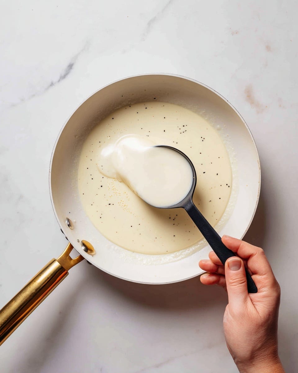 A white frying pan with a shiny golden handle is centered on a white marbled surface. Inside the pan, there is a small pool of white batter with several small black spots scattered inside it. A woman's hand is holding a black-handled ladle above the pan, pouring more white batter onto the pan’s surface. The ladle is partially filled with the same white batter. Photo taken with an iphone --ar 4:5 --v 7