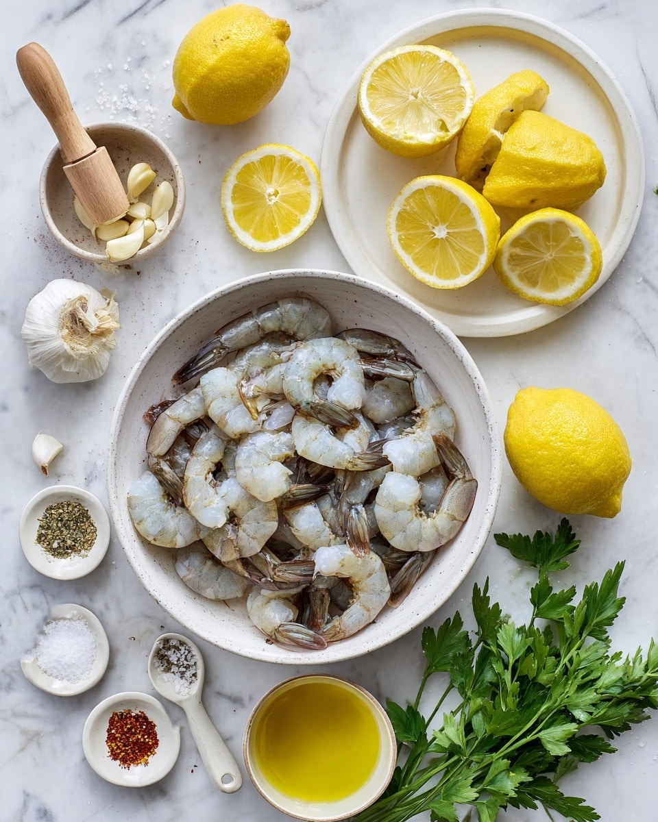 The image shows a white bowl in the bottom center filled with raw shrimp that are pale gray with darker tail tips, arranged loosely with some tails pointing outward. Above the bowl, there is a white plate holding several lemon wedges and halved lemons, with one lemon half being squeezed by a wooden reamer. To the left, a small white dish contains peeled garlic cloves, some still attached to a partial bulb. Around the lemons and shrimp are small white measuring spoons holding salt, black pepper, and red paprika, along with a small bowl of light yellow oil and a bowl of golden melted butter. On the right side, fresh green parsley adds a pop of color. The background and surface have a white marbled texture. photo taken with an iphone --ar 4:5 --v 7