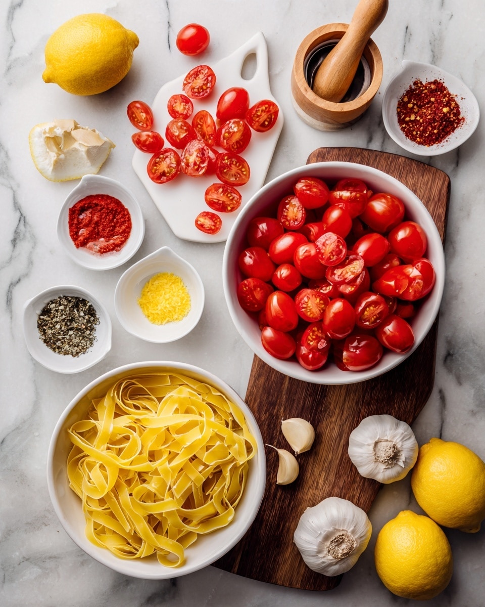 The image shows a white bowl full of bright red cherry tomatoes at the center right. Below it, a white bowl with yellow dry pasta ribbons is placed. To the left, a white cutting board holds halved and whole cherry tomatoes scattered around a wooden lemon squeezer with squeezed lemon halves. Around the bowls and cutting board are small white spoons and bowls containing red pepper flakes, lemon zest, tomato paste, olive oil, and mixed black pepper. Three whole yellow lemons and garlic cloves are on the white marbled surface. The colors are fresh and bright, with a clean, organized layout. Photo taken with an iphone --ar 4:5 --v 7