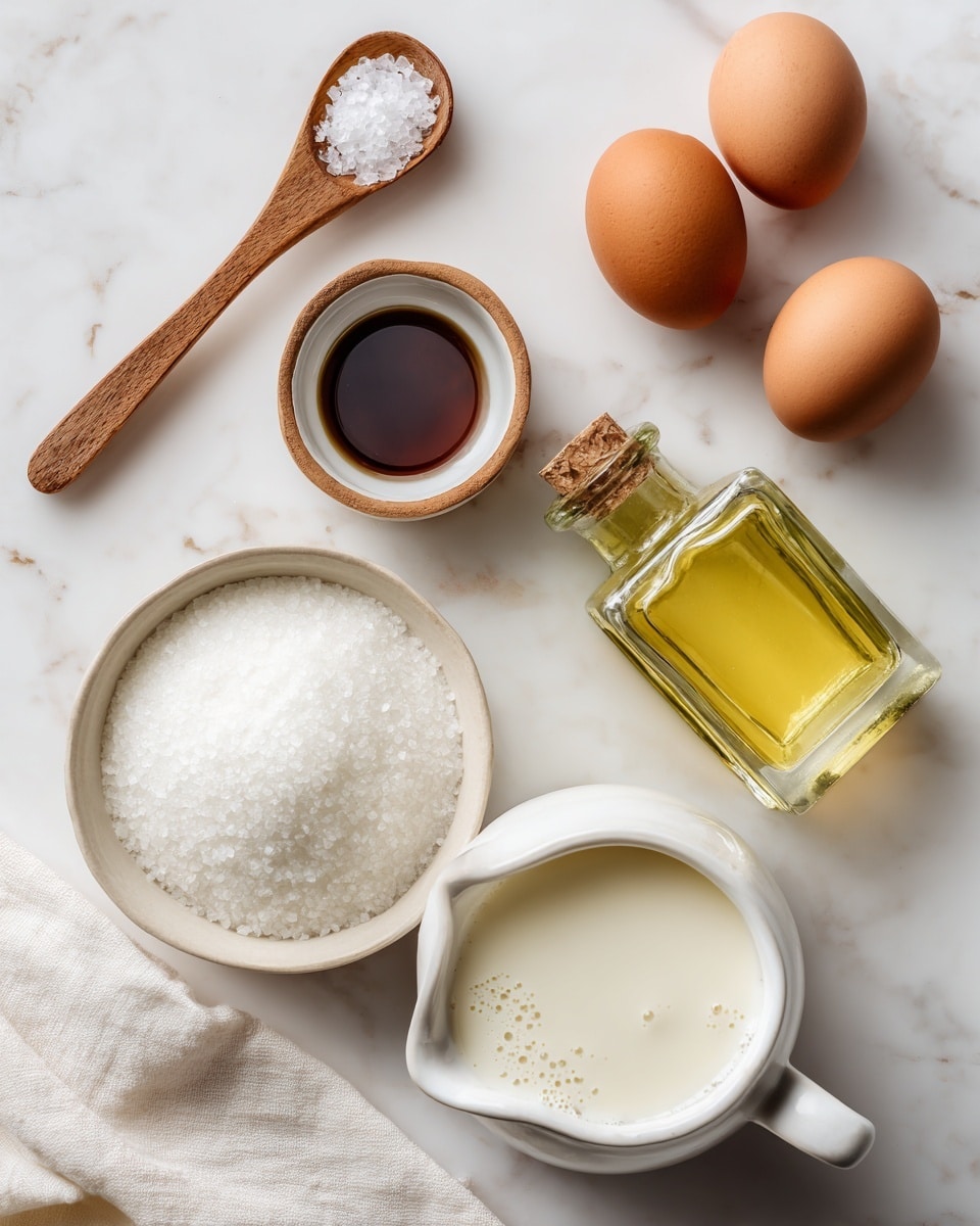 The image shows a white marbled surface with six ingredients placed on it. At the top right, there are two brown eggs. Below them, there is a small white bowl with a dark brown liquid inside, surrounded by a light tan rim. To the left of this bowl, a small wooden spoon holds white salt crystals. Below these, toward the left, a round white ceramic bowl holds a mound of white granulated sugar. To the right of the sugar bowl, there is a square glass bottle with light yellow oil inside. At the bottom right, a white ceramic pitcher is filled with milk, showing some small bubbles on the liquid surface. A white cloth is partially visible at the bottom left corner. Photo taken with an iphone --ar 4:5 --v 7