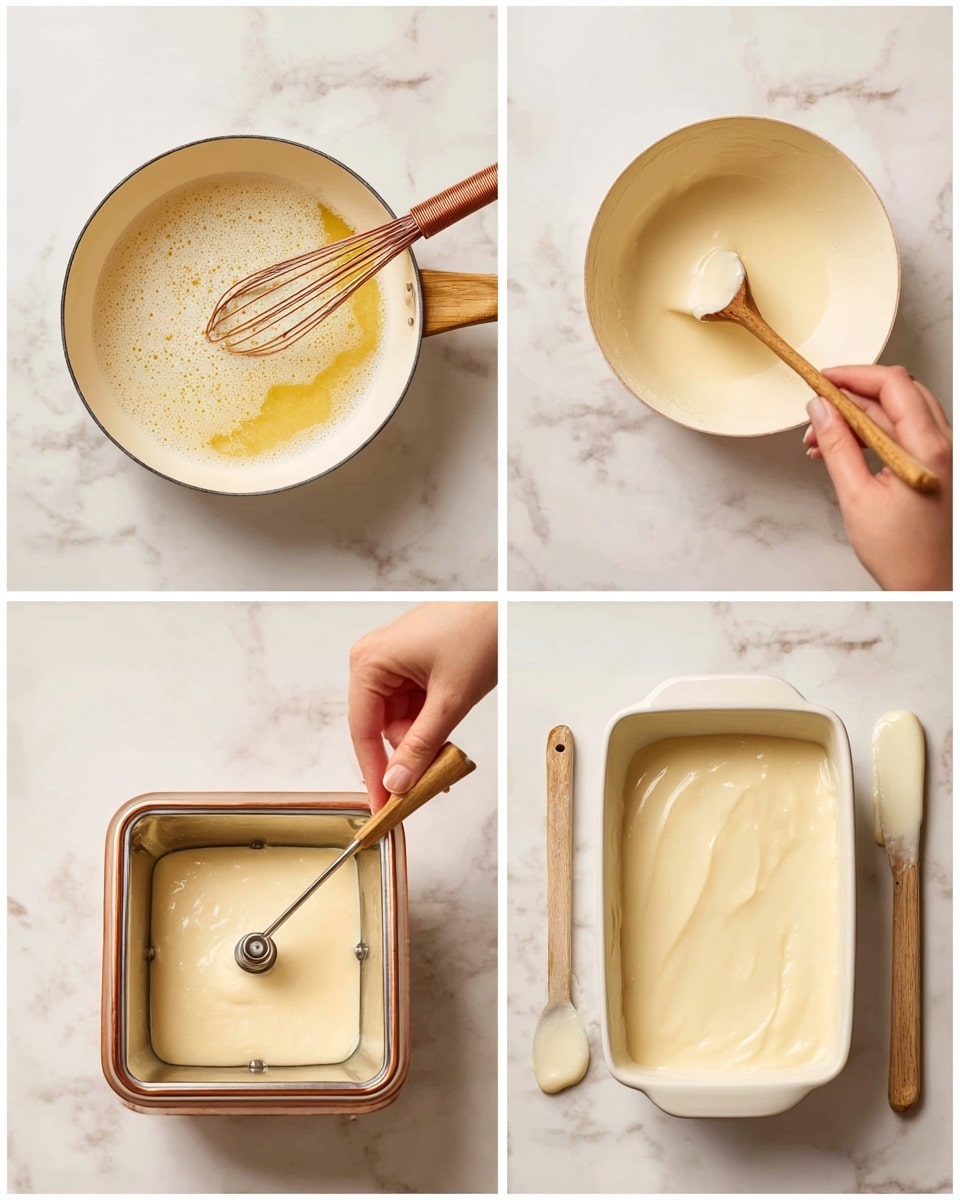 A set of four images showing the process of making a creamy light beige mixture. The first image shows a white pan on a white marbled surface with a copper whisk and a white bowl pouring a yellowish liquid into the pan with a foamy texture. The second image shows the same pan with the creamy mixture being stirred by a wooden spoon held by a woman's hand, showing a smooth thick texture. The third image displays the creamy mixture in an ice cream maker with a metal mixing paddle, on a white marbled surface. The fourth image shows the pale beige creamy mixture spread evenly in a rectangular container, with a wooden spoon and a white spatula resting on top, all placed on a white marbled surface, photo taken with an iphone --ar 4:5 --v 7