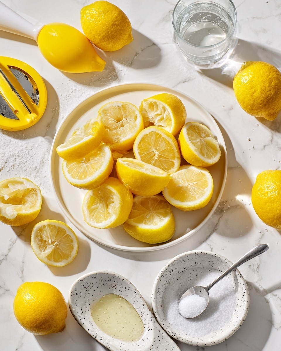 A white plate filled with about ten lemon halves, some showing the juicy light yellow inside with seeds, others showing the smooth yellow peel. Around the plate on a white marbled surface, there are more lemon halves, some squeezed and some whole. On the left, a yellow lemon squeezer is visible, and on the right, two white bowls with black speckles hold a light yellow liquid and white granulated sugar with a silver spoon. A clear glass of water is partly seen on the top right. The lighting is bright and natural, making the yellows pop photo taken with an iphone --ar 4:5 --v 7