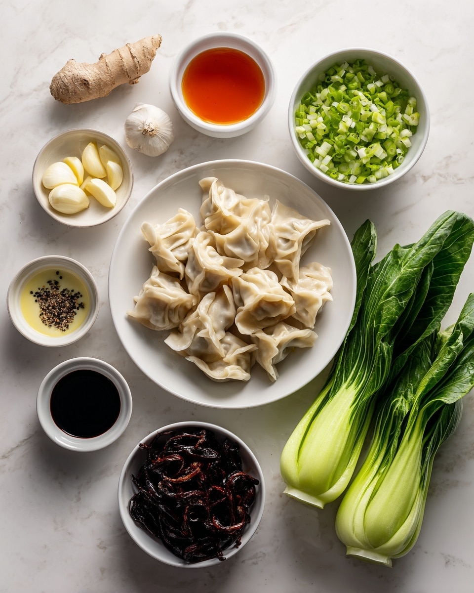 The image shows several ingredients on a white marbled surface arranged neatly. In the center, there is one white plate filled with a pile of light beige dumplings with soft folds. To the right, there are two bright green bok choy leaves with visible water drops on them. Above the dumplings is a white bowl filled with finely chopped green onions in shades of green and white. Below the dumplings is a white bowl filled with dark brown and reddish dried mushrooms. To the left, three small white dishes hold different items: one has three peeled garlic cloves and a piece of light brown ginger root, another has black liquid soy sauce with a dark shiny surface, and the third holds a yellowish golden oil with black specks. Above these dishes is a small white bowl with a reddish-orange liquid. The clean white marbled surface contrasts with the vivid colors of the food items. Photo taken with an iphone --ar 4:5 --v 7
