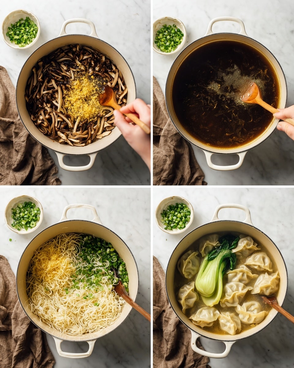 The image shows a white pot with four steps of cooking soup on a white marbled surface. In the first step, thin brown mushroom slices are spread on the bottom layer, with a pile of grated yellow ginger in the center, a wooden spoon stirring them, held by a woman's hand, and small bowls with green chopped onions partly visible on the side. The second step shows broth being poured into the pot over the mushroom and ginger, the wooden spoon is still stirring inside. The third step reveals several folded dumplings added to the broth along with large green bok choy leaves and chopped green onions floating on top. In the final step, the soup is fully cooked, with the dumplings and bok choy resting in the broth, a ladle inside the pot ready to serve, and more chopped green onions sprinkled throughout. A brown cloth is tucked under the pot on the left side in every shot. Photo taken with an iphone --ar 4:5 --v 7