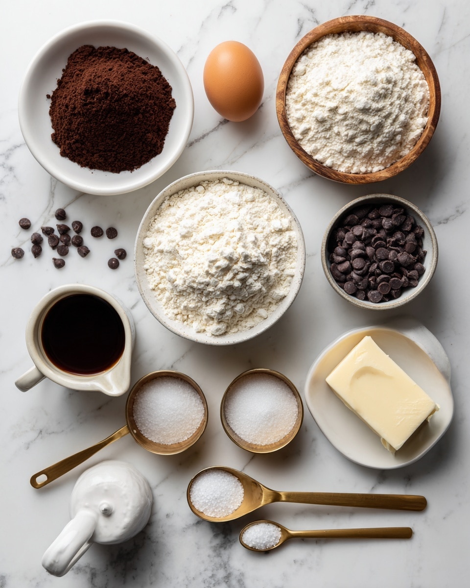 A flat lay image of baking ingredients on a white marbled surface, including one white bowl with a single brown egg, a white bowl filled with dark brown powder, another white bowl containing white flour, a wooden bowl with white powder, three gold measuring cups filled with light brown sugar, white granulated sugar, and dark chocolate chips, a white stick of butter, a small white cup with dark brown liquid, a small wooden spoon holding salt, a gold and wooden measuring spoon with white powder, and a white ceramic spoon. The image is bright and clear with even lighting. photo taken with an iphone --ar 4:5 --v 7